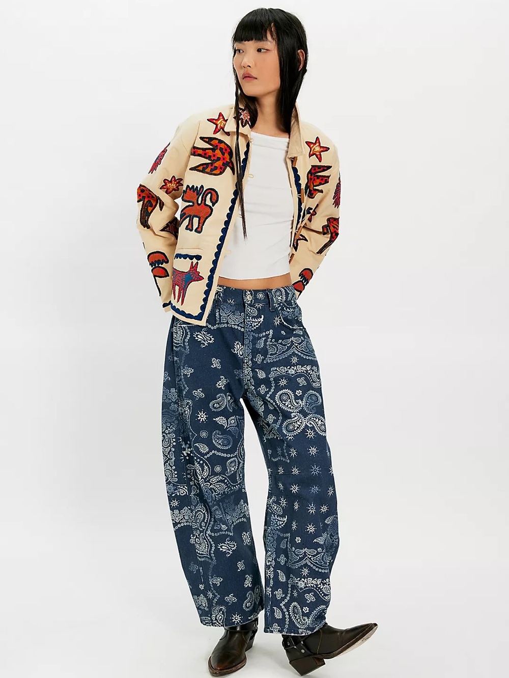 Free People Indigo Bandana Print Wide-Leg Pants